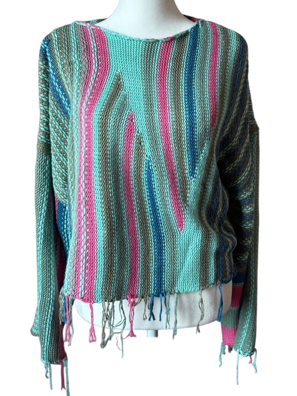 Elan Multicolor Striped Fringe Knit Sweater S